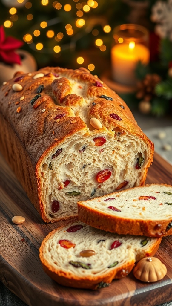 A golden crusted sourdough bread with dried fruits and nuts, sliced on a wooden board in a festive setting.